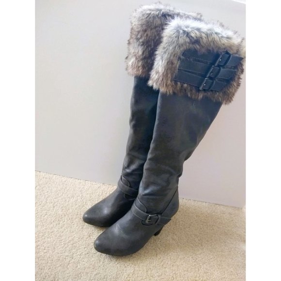 JustFab Maliah Knee-High Boots Fur Cuffs Gray Size 7.5 - Picture 6 of 6